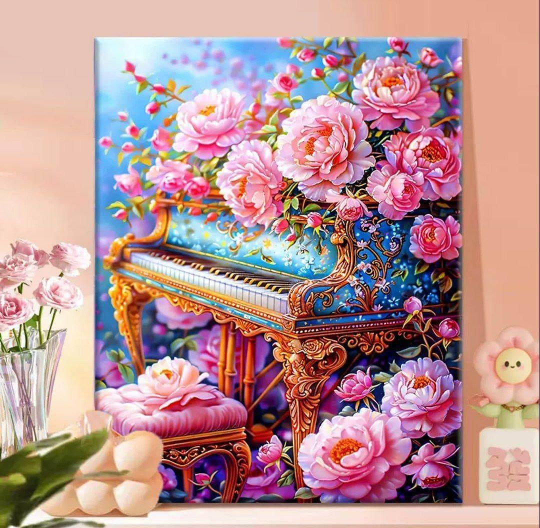نقاشی شماره دار ۳۰ در ۳۰ طرح پیانو و گل رز
